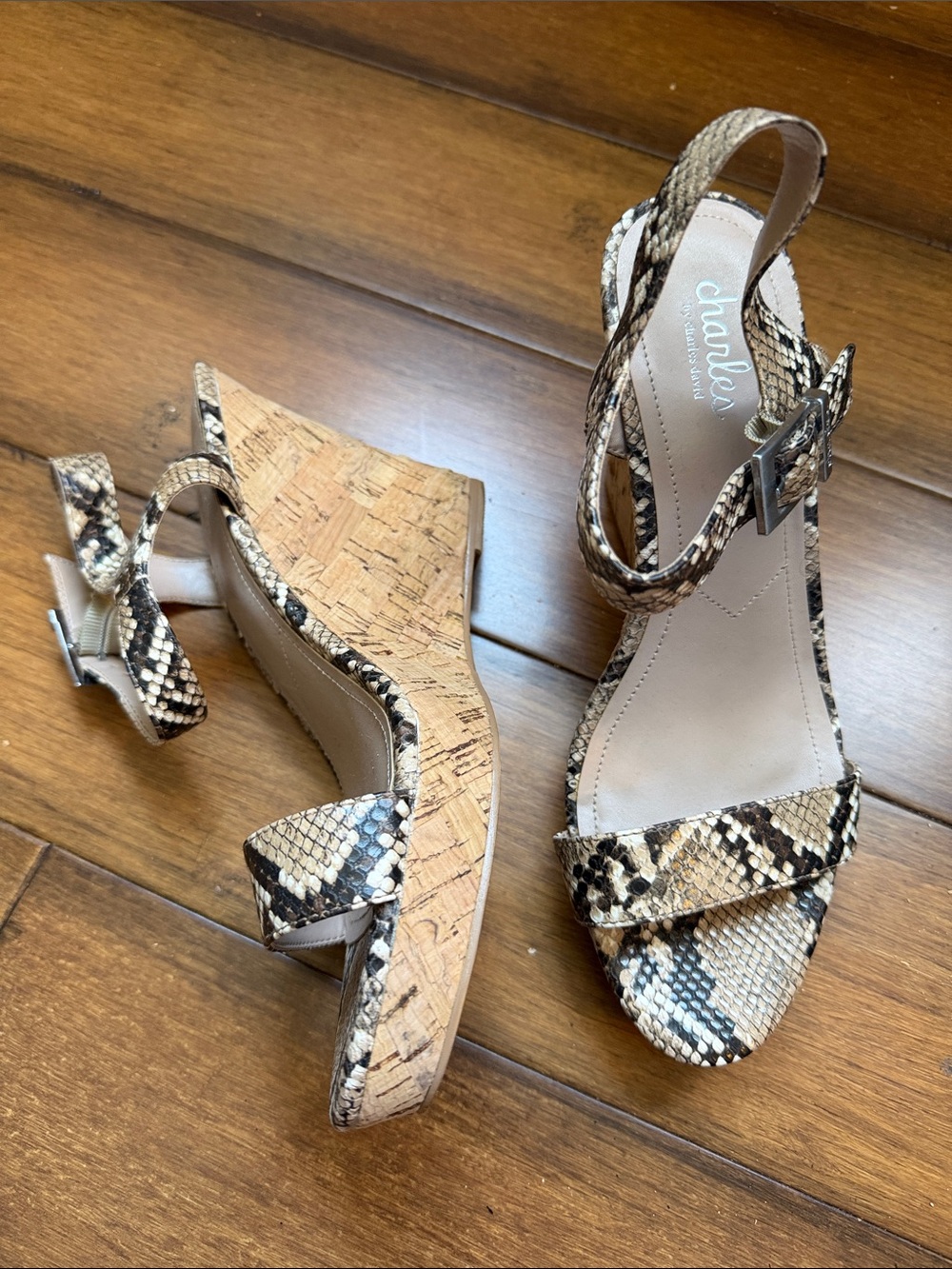 Charles by Charles David Snake-Print Cork Wedge Sandals in Beige and Black